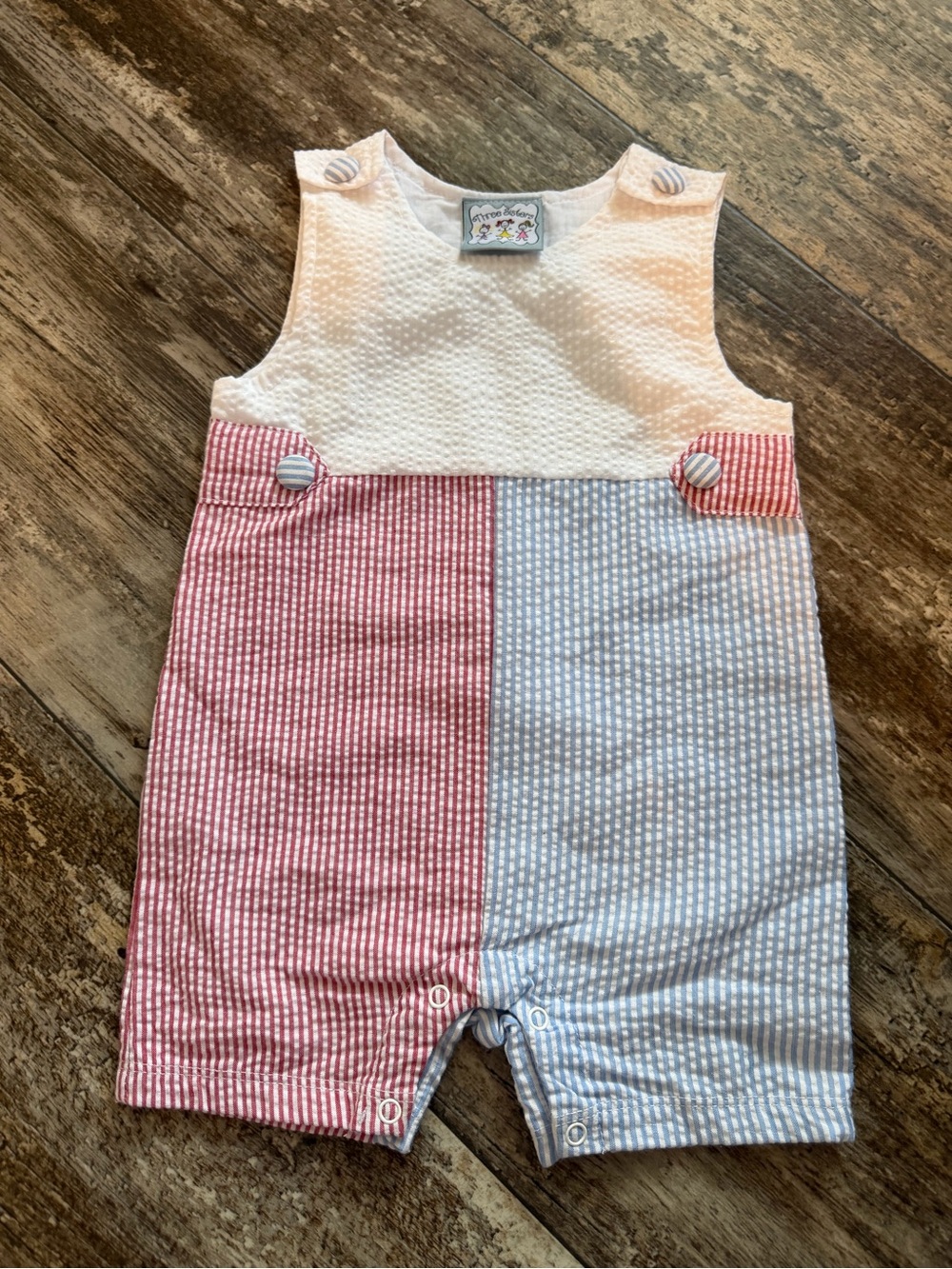 Children's Seersucker Colorblock Romper - White, Red & Blue